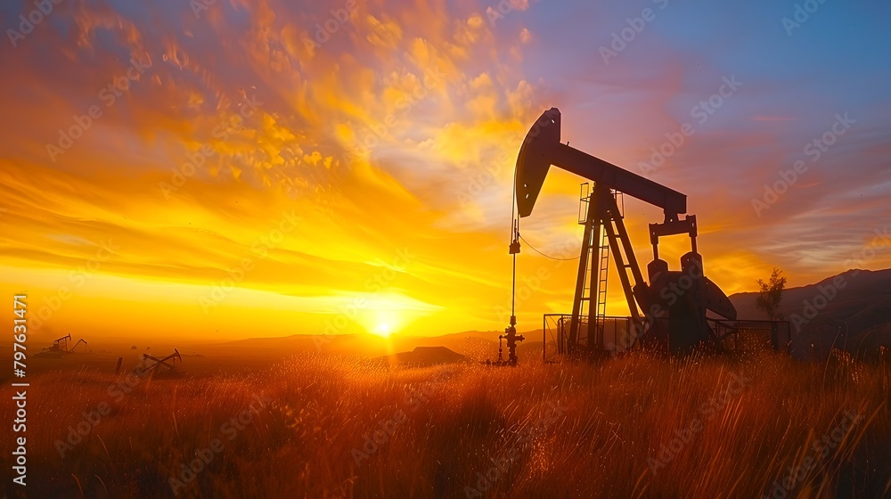 Stunning sunset at the oil field. Silhouette of an oil pump in operation. Energy production and extraction concept with vibrant sunset sky. Industrial landscape at dusk. AI