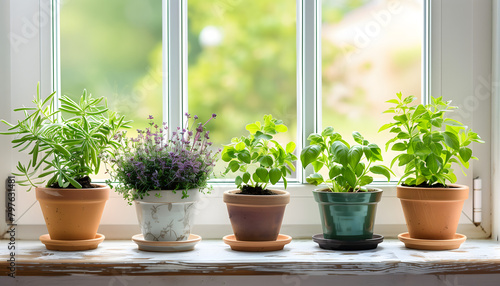 Pots in different colors and sizes lined up on a white window sill
