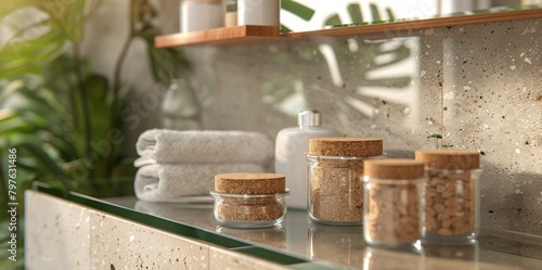 Eco-friendly Bathroom Vibes with Cork-Lidded Jars on a Sleek Glass Shelf