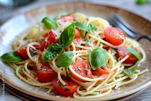 Savoring the Fresh Flavors  Spaghetti with Tomatoes and Basil on Ceramic Plate