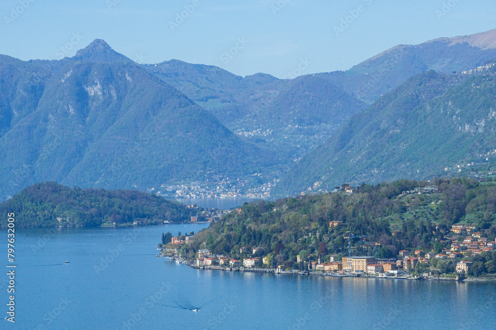 The Alps and Lake Como during a spring morning, near the village of Varenna, Italy - April 14, 2024