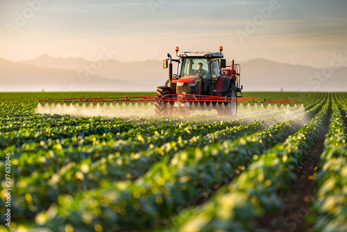 Tractor spraying pesticides on soybean field with sprayer at spring 