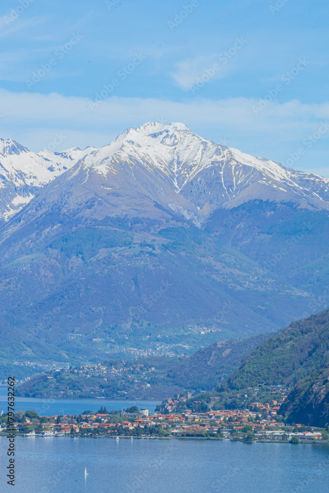 The Alps and Lake Como during a spring morning, near the village of Varenna, Italy - April 14, 2024 The Alps and Lake Como during a spring morning, near the village of Varenna, Italy - April 14, 2024