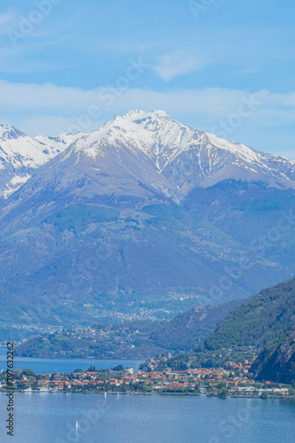The Alps and Lake Como during a spring morning, near the village of Varenna, Italy - April 14, 2024