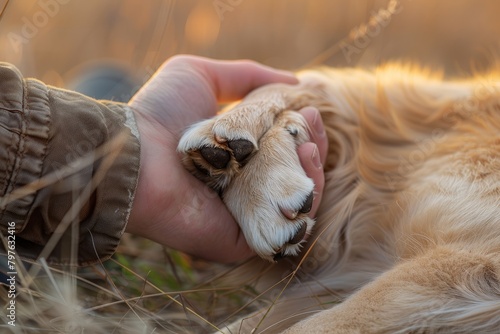 Persons gentle gesture, holding the dogs paws with care © Alexei
