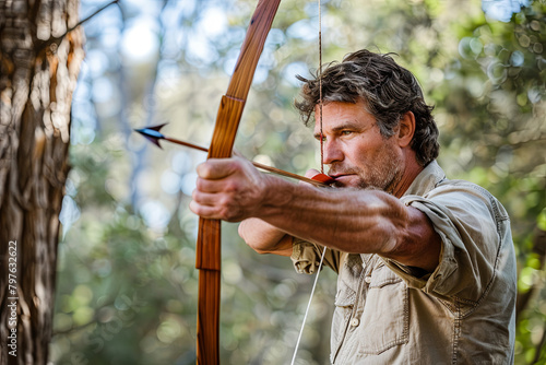 Man poised to release an arrow from a bow
 photo