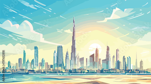 Dubai downtown skyline with modern skyscrapers at sun