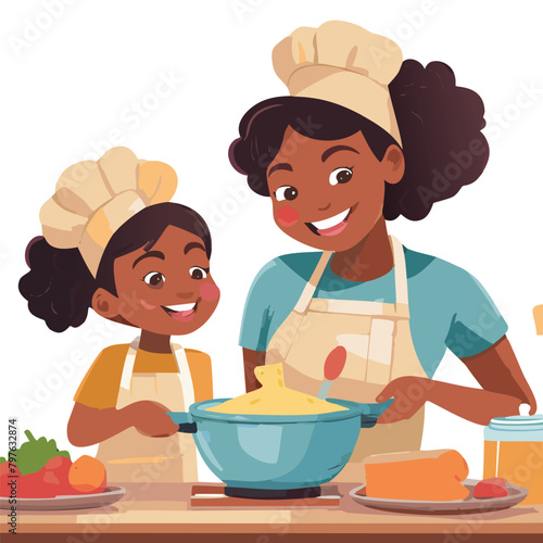 a mother and daughter cooking in the kitchen. happy face when cooking. realistic. 3D illustration