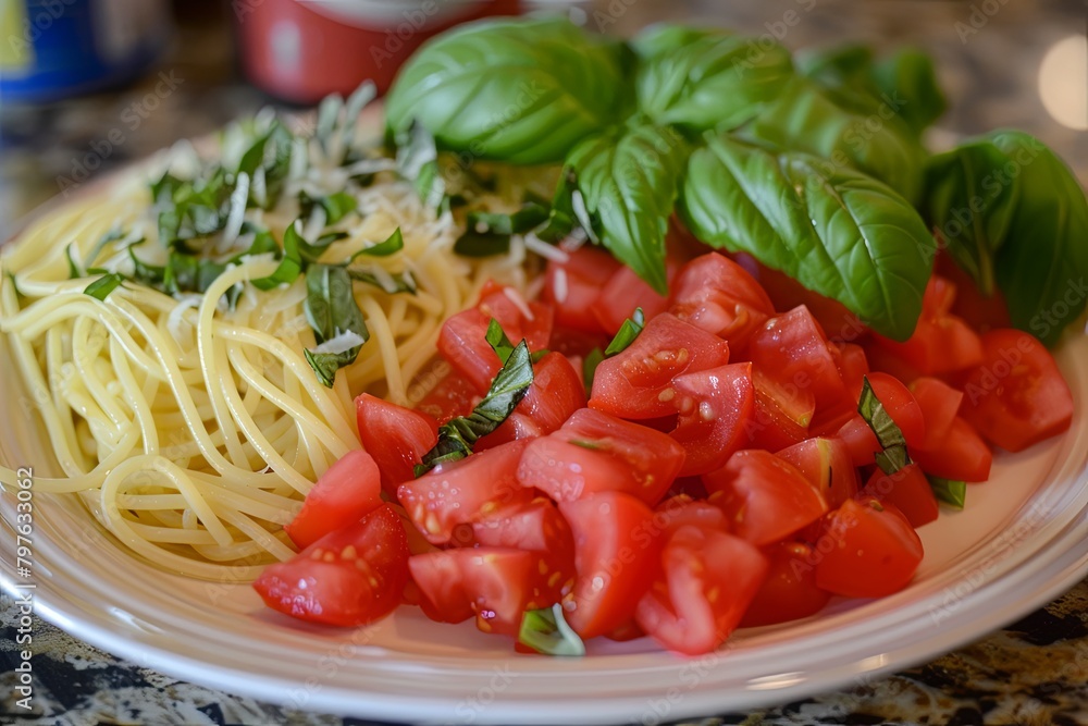 Artful Italian Spaghetti: The Harmony of Fresh Basil, Tomatoes on a Traditional Plate Artful Italian Spaghetti: The Harmony of Fresh Basil, Tomatoes on a Traditional Plate