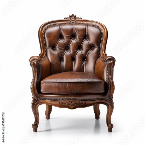 Elegant Chesterfield armchair with tufted backrest and wooden photo