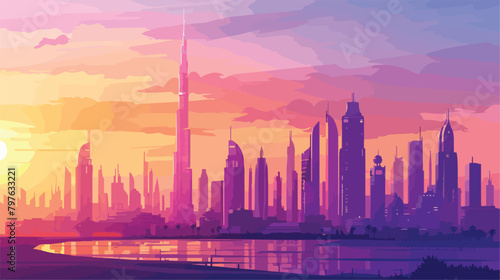 Dubai downtown with modern skyscrapers at sunset. Dub