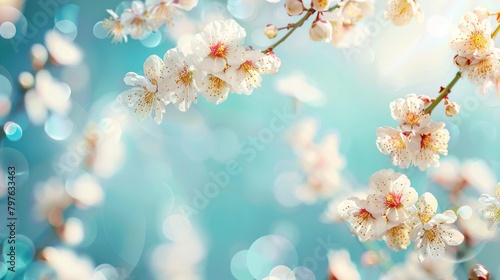A branch of white cherry blossoms against a pale blue sky. photo
