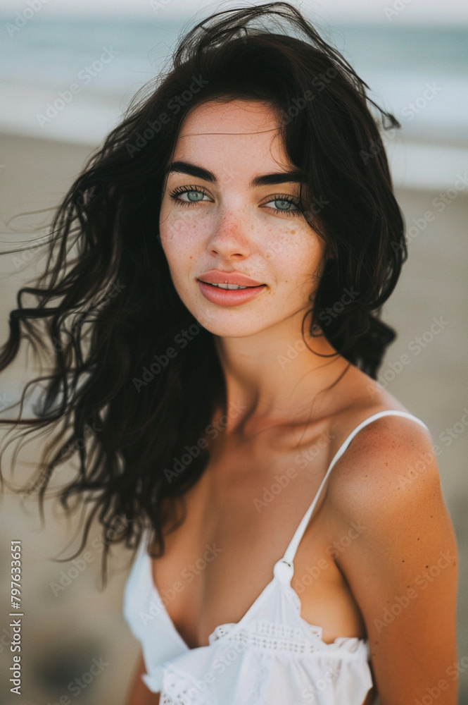 beautiful white woman with wavy black hair with blond highlights, natural blue eyes, wearing beachwear, photography, beach outfit, beachwear photoshoot, standing at the beach, summer vibes, 