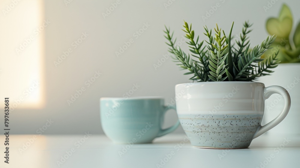 Two cups resting on a table, one slightly larger than the other, with a potted plant in the background