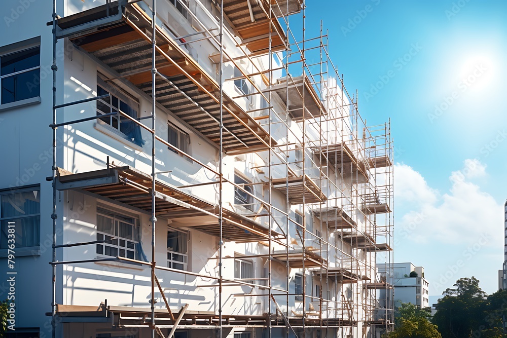 Multi-storey building under construction with scaffolding and workers.