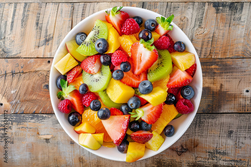 Bowl of healthy fresh fruit salad on wooden background. Top view
 photo