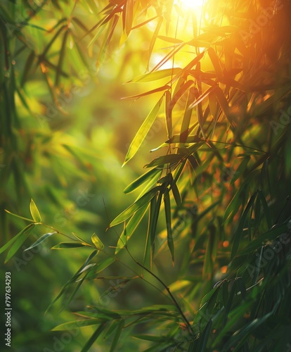 Sunlight filtering through bamboo tree leaves