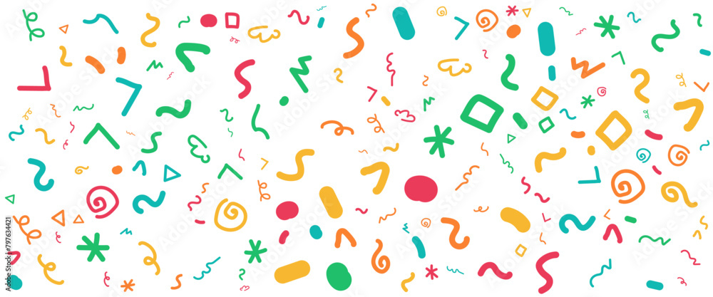 Colorful hand drawn style shapes abstract fun line doodle banner. Vector illustration for banner, background, pattern, brochure, cover, template, decoration, ads, prints, branding design Colorful hand drawn style shapes abstract fun line doodle banner. Vector illustration for banner, background, pattern, brochure, cover, template, decoration, ads, prints, branding design