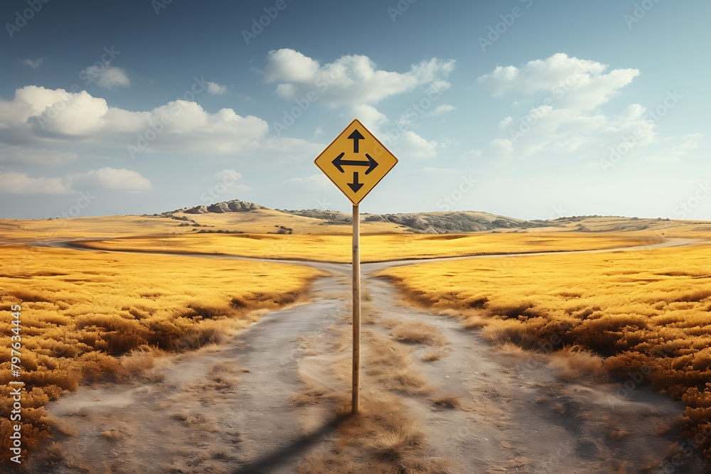 Road sign in yellow field and blue sky with clouds. Nature composition.