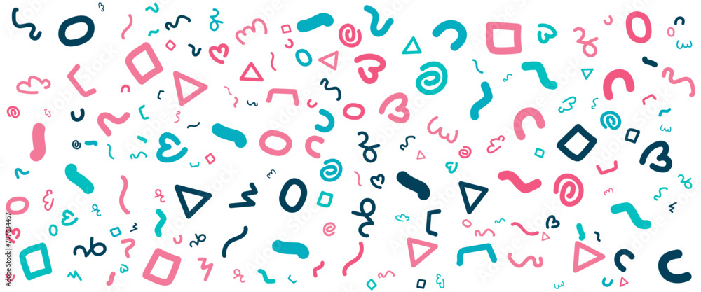 Colorful hand drawn flat abstract shapes pattern design fun line doodle banner. Vector illustration for banner, background, pattern, brochure, cover, template, decoration, ads, prints, branding design Colorful hand drawn flat abstract shapes pattern design fun line doodle banner. Vector illustration for banner, background, pattern, brochure, cover, template, decoration, ads, prints, branding design
