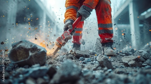 Witness the Strength of a Construction Worker as He Operates a Vibrant Red Jackhammer on Concrete