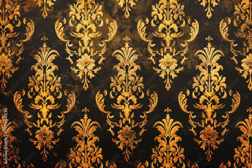 A splendid array of golden damask patterns spread over a chocolate brown canvas, evoking classic luxury. A splendid array of golden damask patterns spread over a chocolate brown canvas, evoking classic luxury.