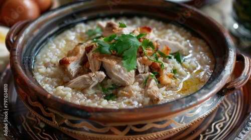 Traditional dishes of Arisa Armenian cuisine. Wheat porridge with chicken.