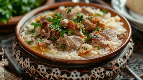 Traditional dishes of Arisa Armenian cuisine. Wheat porridge with chicken.