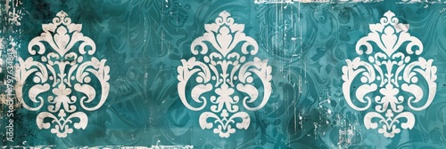 An image of aged turquoise wallpaper with a distressed damask pattern, ideal for a vintage or shabby chic aesthetic.