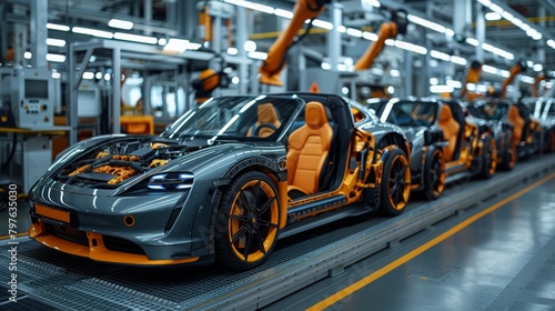 Robotic arms delicately handling EV car seats for installation on the assembly line, optimizing efficiency in the factory.