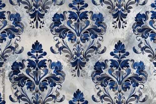 Elegant blue floral damask on a frost-like background, ideal for chic and sophisticated decor.