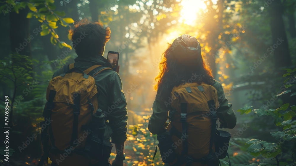A pair of travelers snapping a selfie amidst a tranquil forest, the dappled sunlight creating a magical backdrop for their picture.