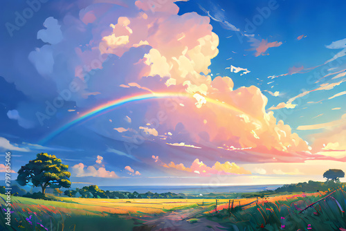 An animated illustration of a beautiful rainbow hanging in the blue sky  ai  generative             korea and japan                                                             a rainbow of hope  a rainbow of hope