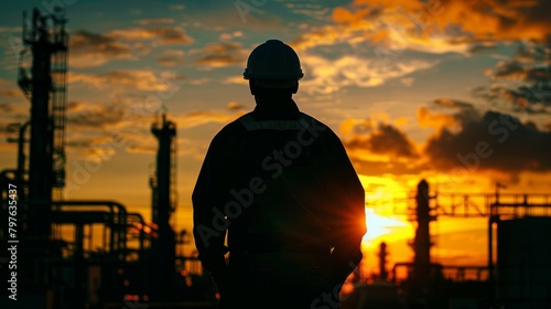 A Middle Eastern engineer stands in silhouette against a vibrant sunset backdrop