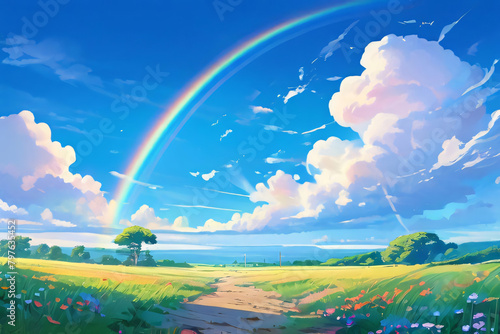 An animated illustration of a beautiful rainbow hanging in the blue sky, ai, generative, 생성형, korea and japan, 青空にかかる美しい虹のアニメ風イラスト