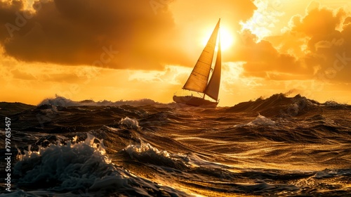A lone sailboat navigates rough waters as the sun sets on the horizon photo