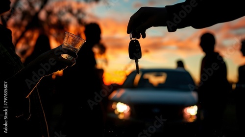 Silhouette of a person passing car keys to another at a social gathering