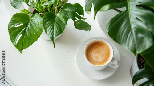 A top-down view of a white desk with a cup of coffee, a keyboard, and a potted plant neatly arranged on it