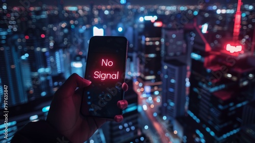A person holding a cell phone with the words no signal displayed on the screen photo