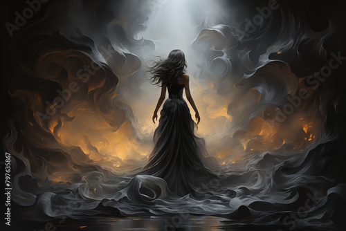 A woman stands in the middle of a dark, swirling ocean