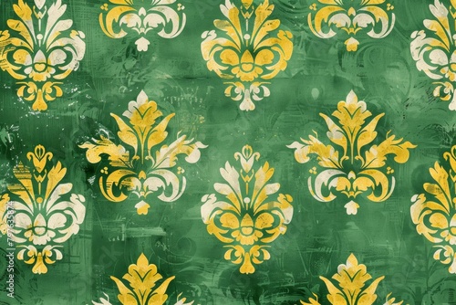 This seamless transition from gold to emerald in a damask pattern is ideal for luxurious design themes.