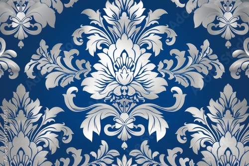 Royal blue and silver damask designs dominate this wallpaper, radiating nobility and grandeur for luxurious spaces. photo