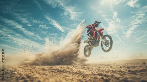 A professional stunt rider is shown riding a dirt bike through the air on a motocross track, executing a daring maneuver