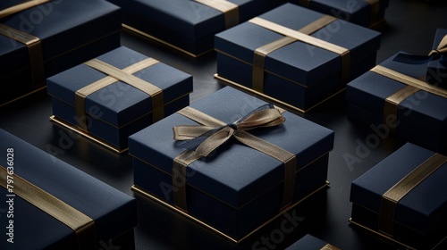 Collection of navy blue gift boxes adorned with gold ribbons neatly arranged on a black surface © Ilia Nesolenyi