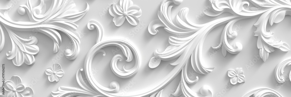 White baroque swirls create a classic and timeless wallpaper design, ideal for chic and bright interiors.