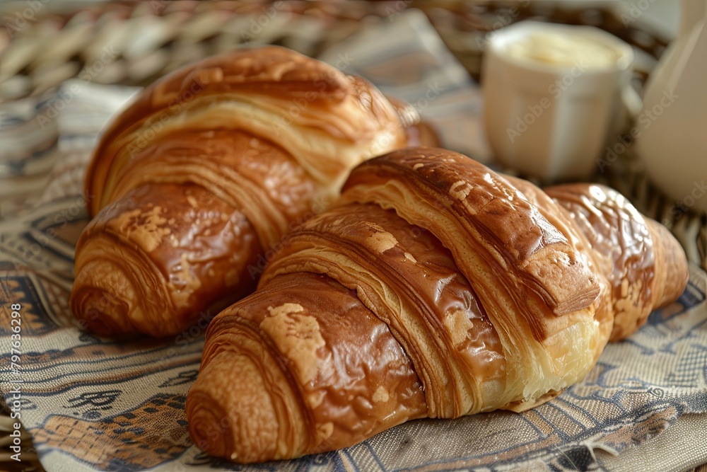French Breakfast Delight: Two Croissants with a Twist of Soft Dough Traditional Goodness French Breakfast Delight: Two Croissants with a Twist of Soft Dough Traditional Goodness