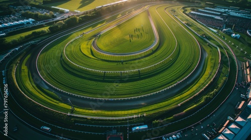 Aerial perspective of a horse racing track at sunset  showcasing the thrilling competition as horses race around the final turn