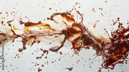 Overhead view of a dynamic chocolate splash mixing with liquid on a white background