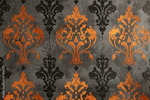 A rustic fusion of gold and black damask for a bold interior statement piece.