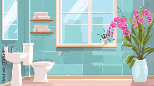 Flat bathroom with window and toilet orchid. vector illustration